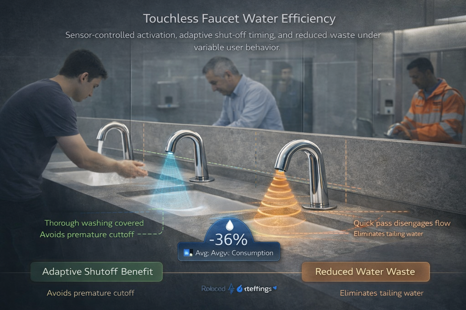 Touchless faucet water efficiency illustrating sensor-controlled activation, adaptive shut-off timing, and reduced waste under variable user behavior